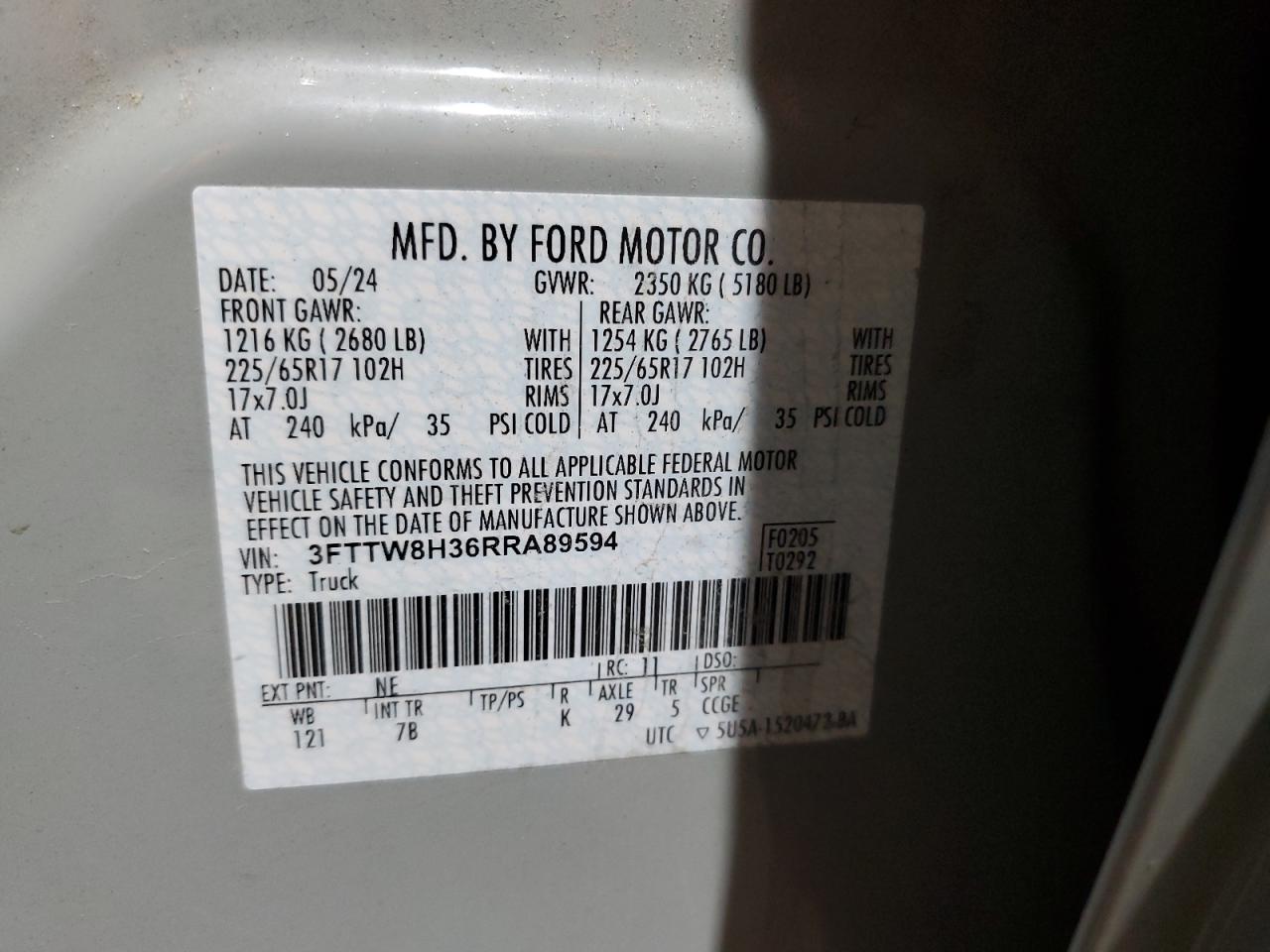 2024 Ford Maverick Xlt VIN: 3FTTW8H36RRA89594 Lot: 85484505