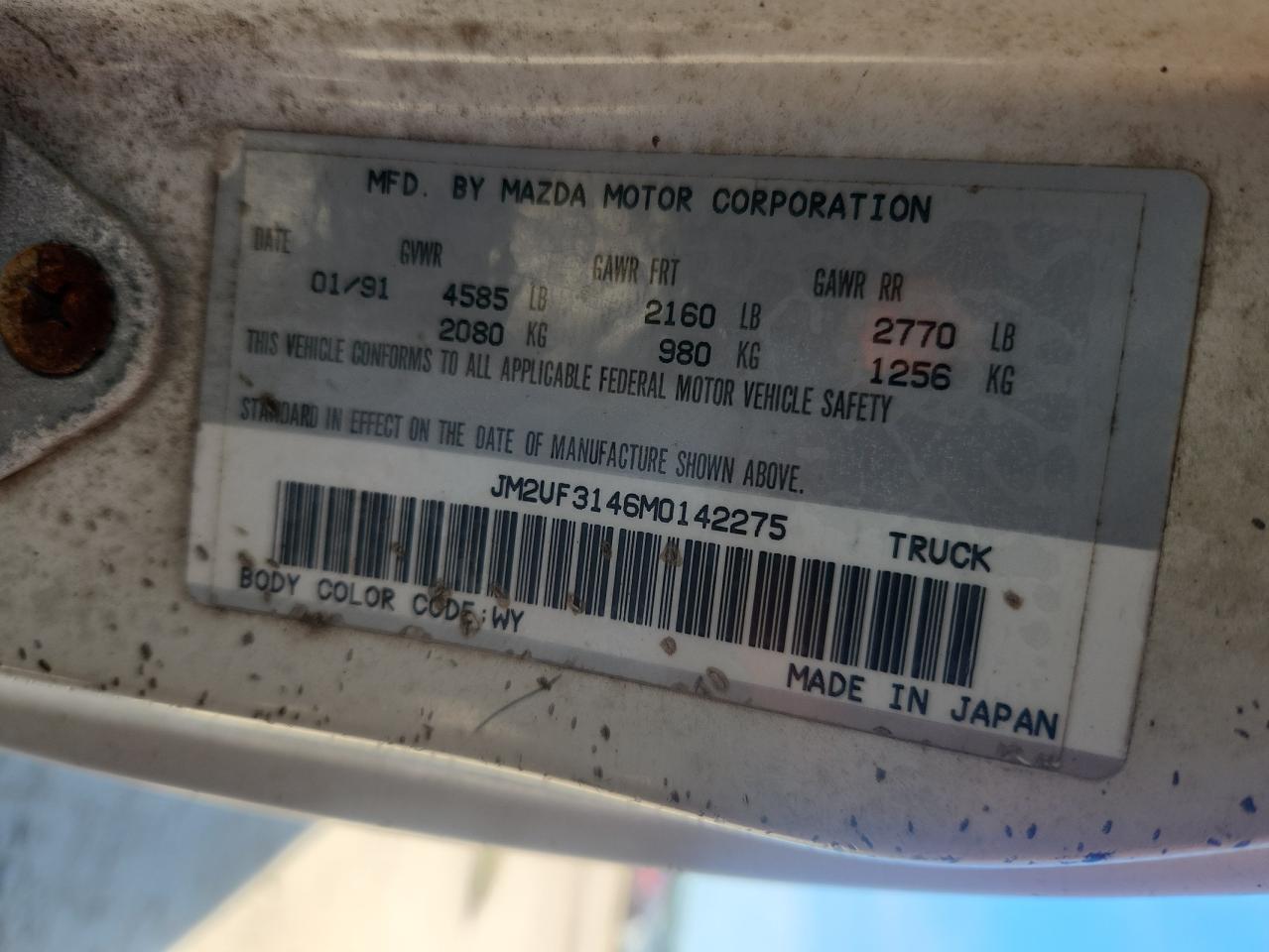 1991 Mazda B2600 Cab Plus VIN: JM2UF3146M0142275 Lot: 90036395