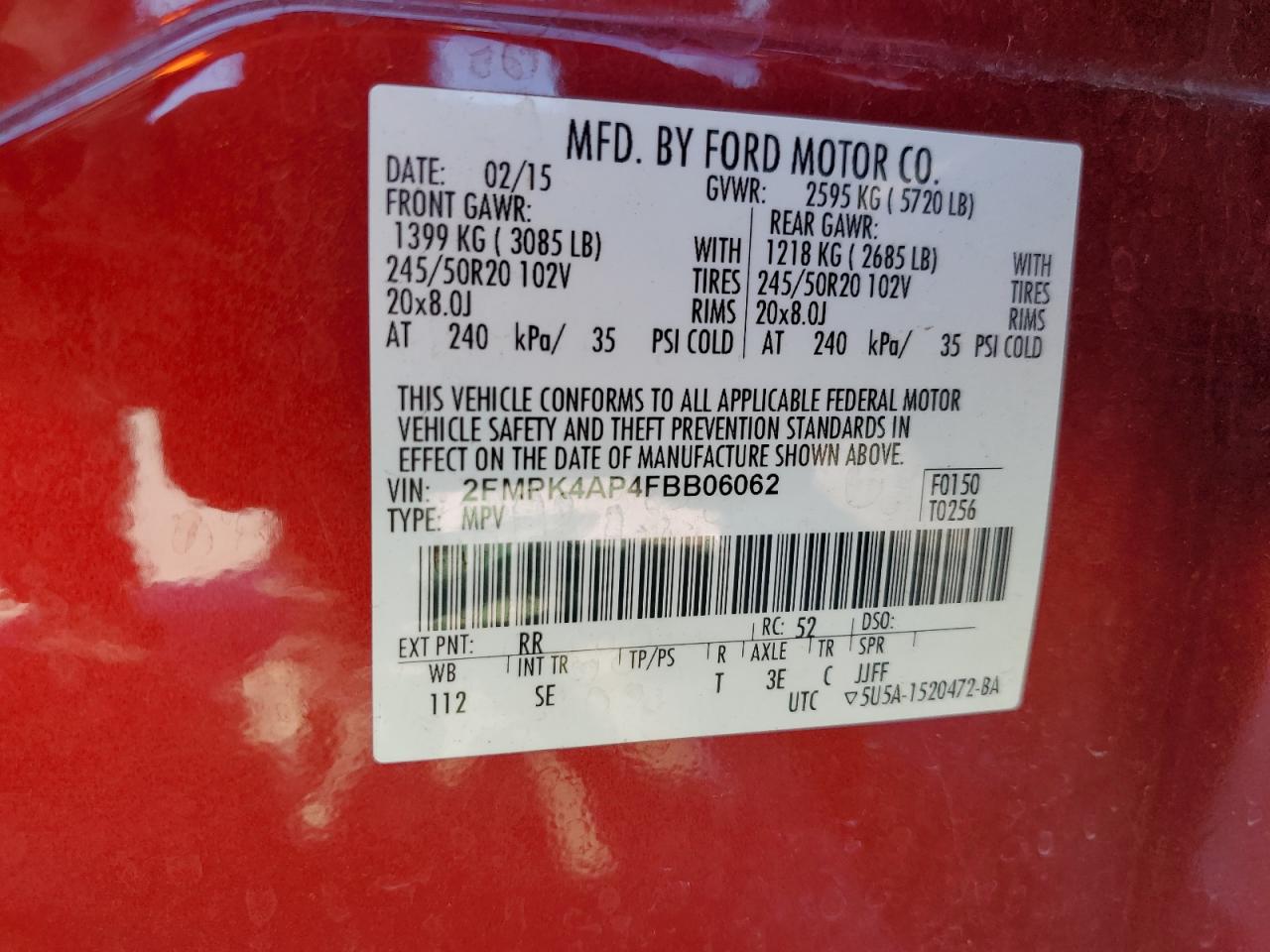 2015 Ford Edge Sport VIN: 2FMPK4AP4FBB06062 Lot: 82273825