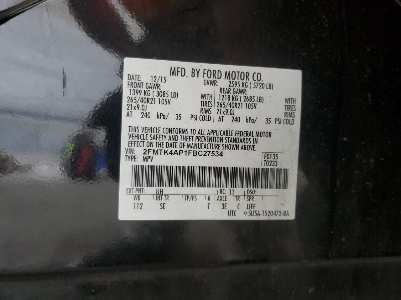 2015 Ford Edge Sport VIN: 2FMTK4AP1FBC27534 Lot: 85683935