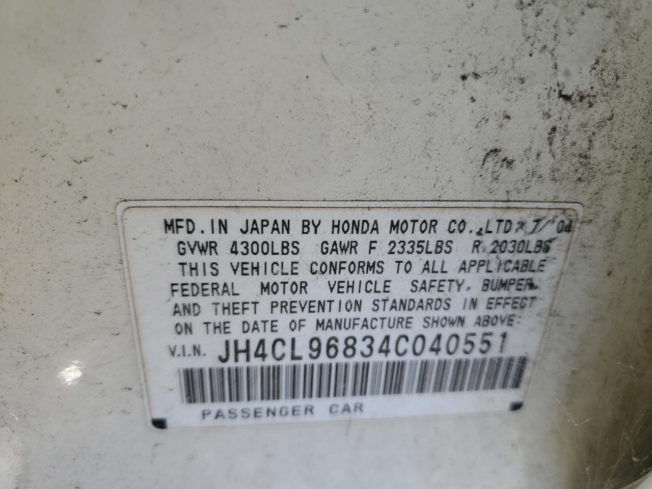 2004 Acura Tsx VIN: JH4CL96834C040551 Lot: 86824755