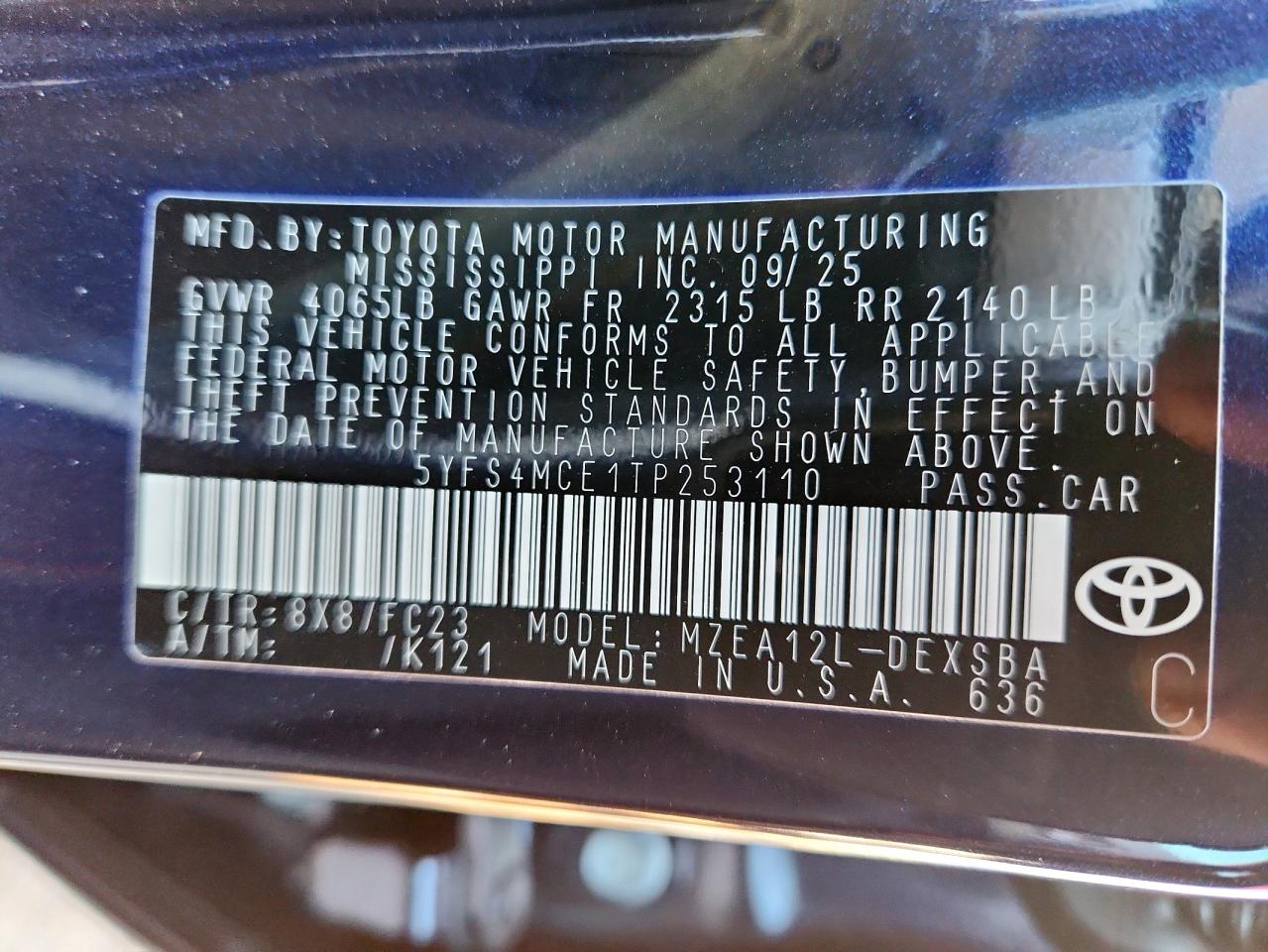 2026 Toyota Corolla Se VIN: 5YFS4MCE1TP253110 Lot: 90644115