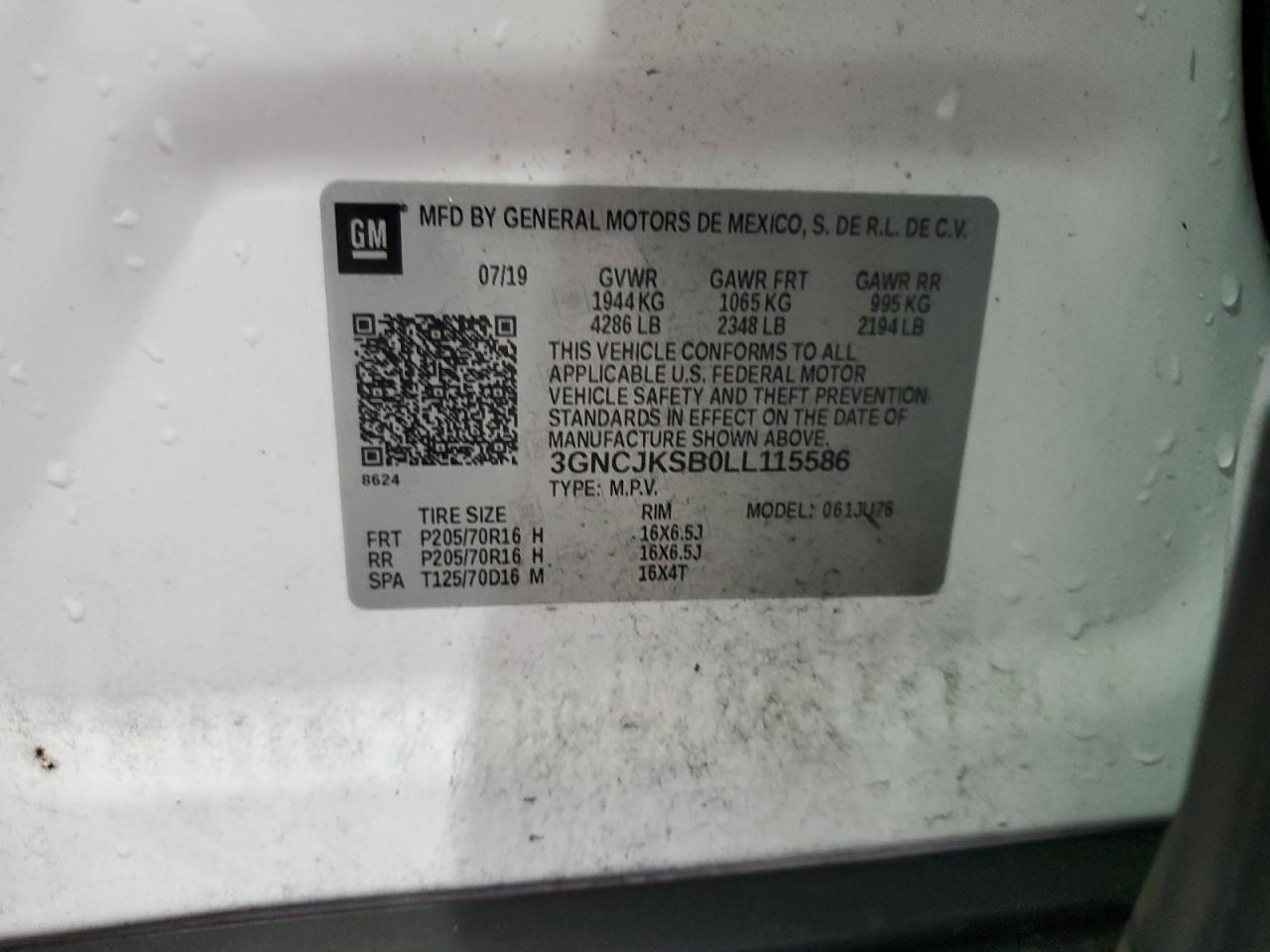 2020 Chevrolet Trax Ls VIN: 3GNCJKSB0LL115586 Lot: 84915795