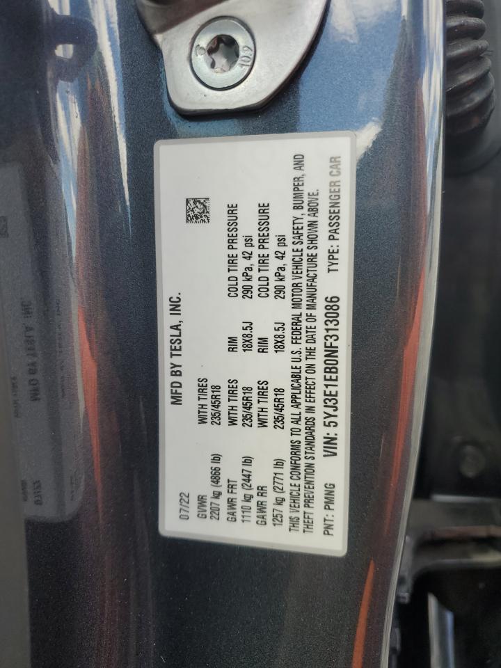 2022 Tesla Model 3 VIN: 5YJ3E1EB0NF313086 Lot: 82747435