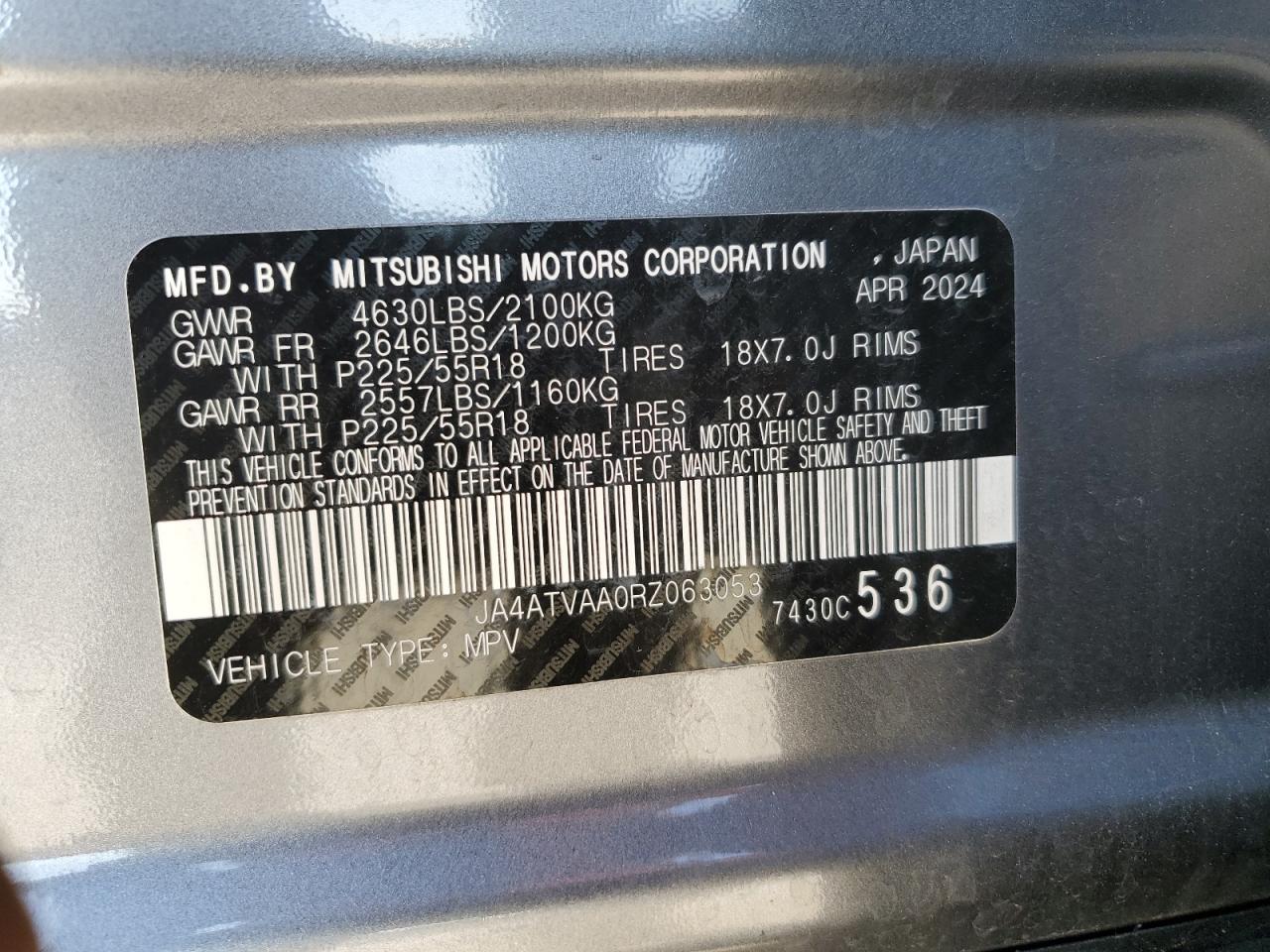 2024 Mitsubishi Eclipse Cross Le VIN: JA4ATVAA0RZ063053 Lot: 85760415