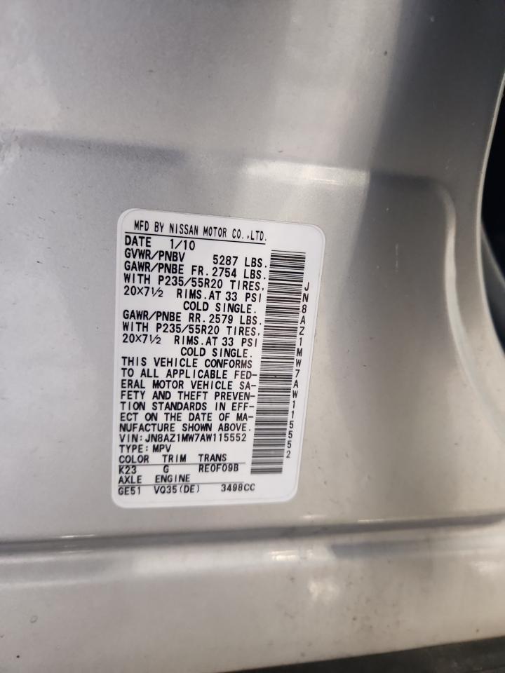 2010 Nissan Murano S VIN: JN8AZ1MW7AW115552 Lot: 85385585