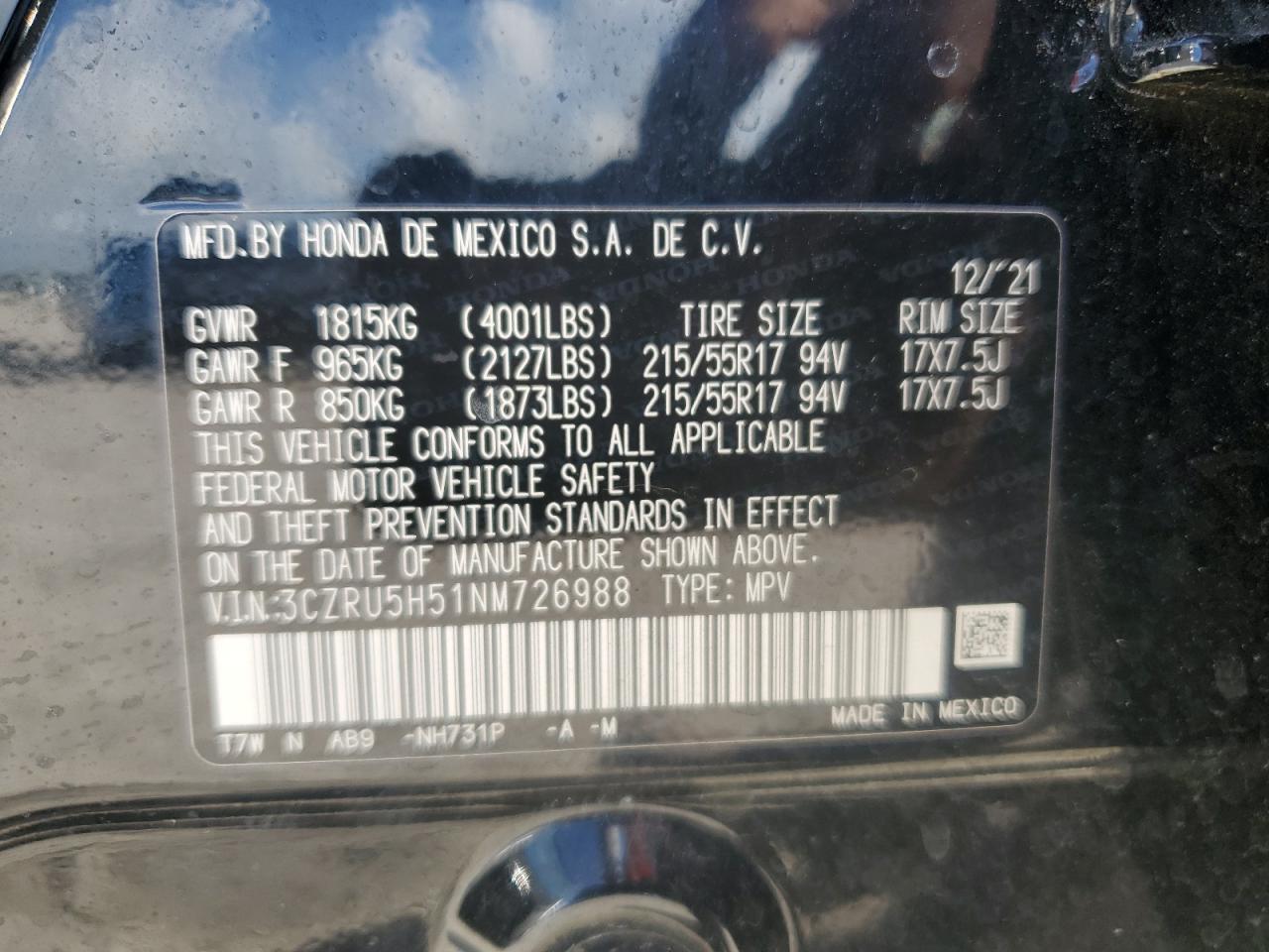 2022 Honda Hr-V Ex VIN: 3CZRU5H51NM726988 Lot: 85101435