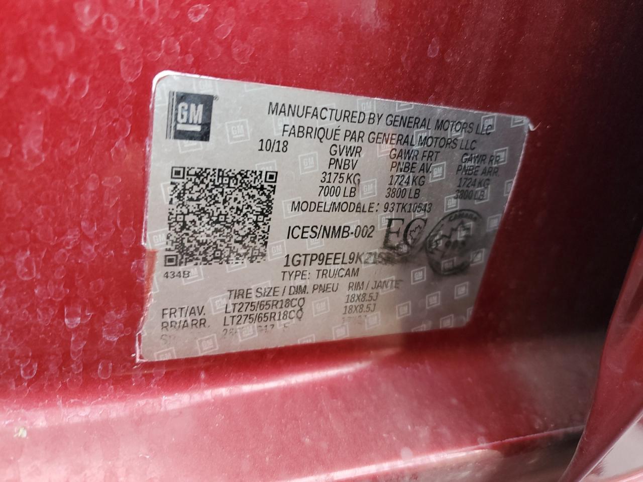 2019 GMC Sierra K1500 At4 VIN: 1GTP9EEL9KZ156783 Lot: 90302505