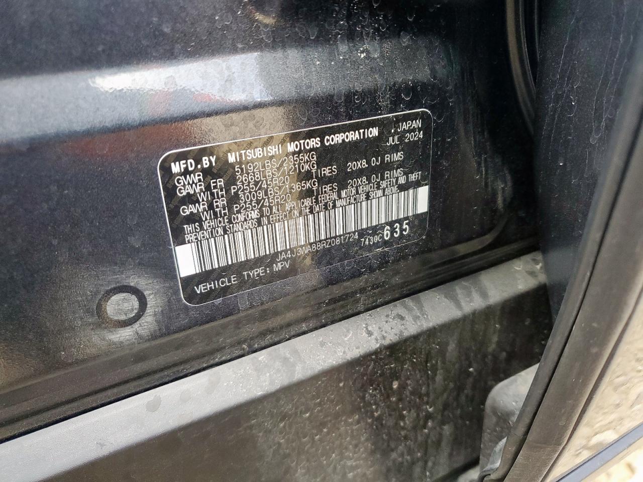 2024 Mitsubishi Outlander Sel VIN: JA4J3WA88RZ081724 Lot: 85328575