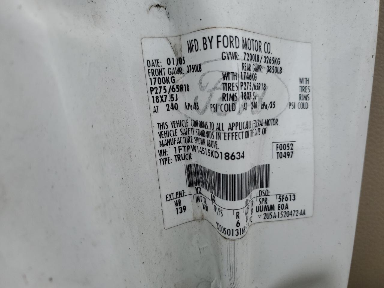 2005 Ford F150 Supercrew VIN: 1FTPW14515KD18634 Lot: 86272215