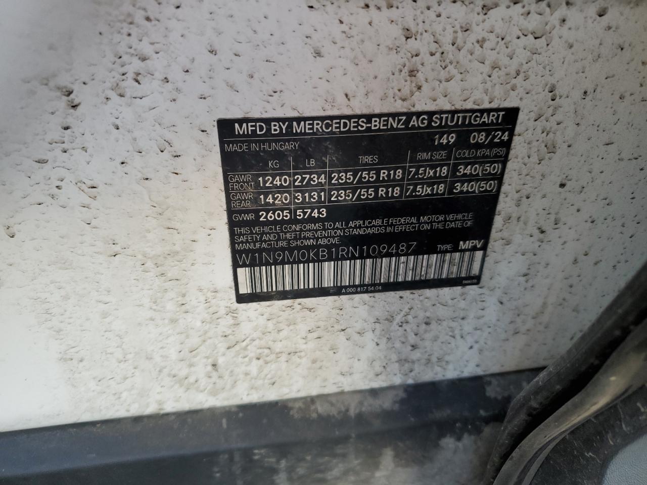 2024 Mercedes-Benz Eqb 300 4Matic VIN: W1N9M0KB1RN109487 Lot: 85945915