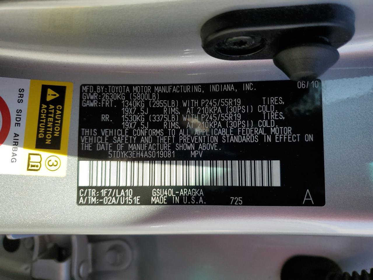 2010 Toyota Highlander Limited VIN: 5TDYK3EH4AS019081 Lot: 85136345