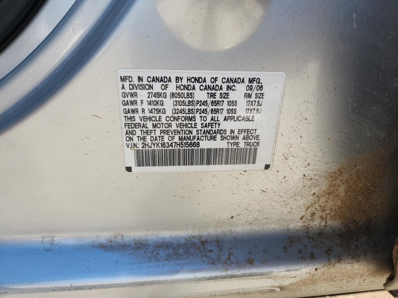 2007 Honda Ridgeline Rtx VIN: 2HJYK16347H515668 Lot: 86544045