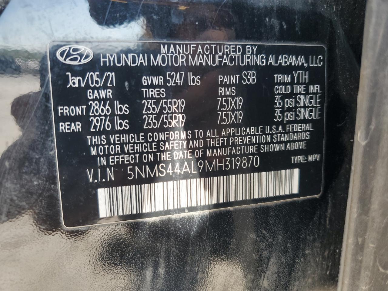 2021 Hyundai Santa Fe Limited VIN: 5NMS44AL9MH319870 Lot: 82343965