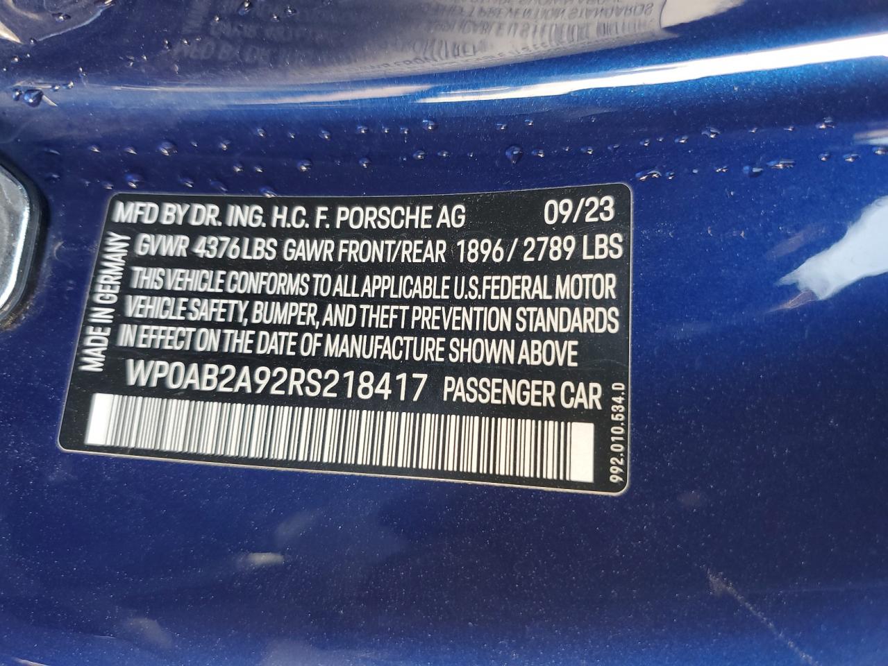2024 Porsche 911 Carrera S VIN: WP0AB2A92RS218417 Lot: 85138445