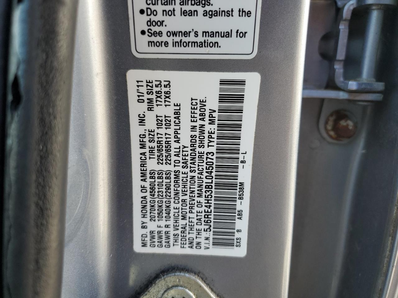 2011 Honda Cr-V Ex VIN: 5J6RE4H53BL045073 Lot: 85904395