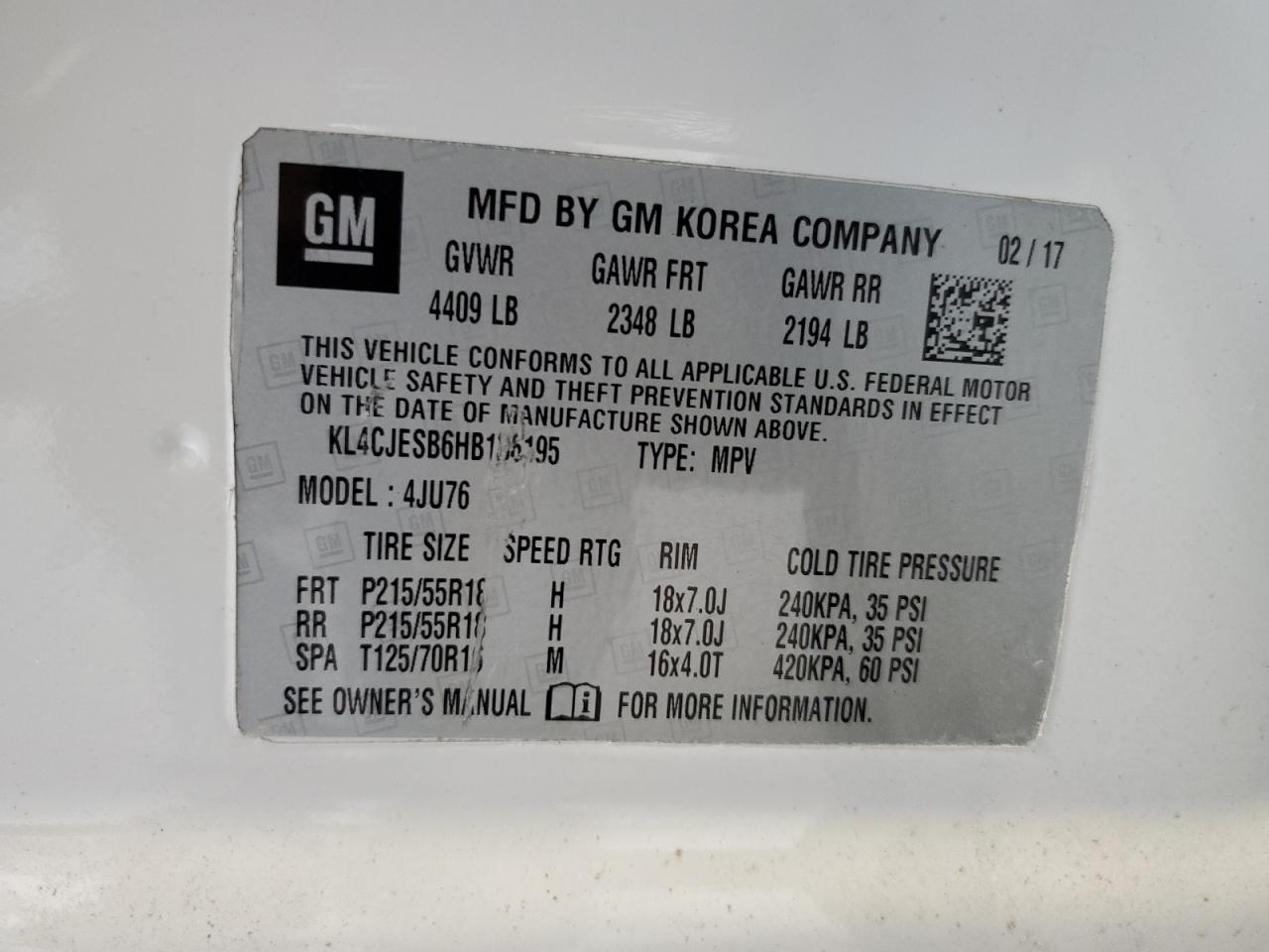 2017 Buick Encore Preferred VIN: KL4CJESB6HB136195 Lot: 84817475