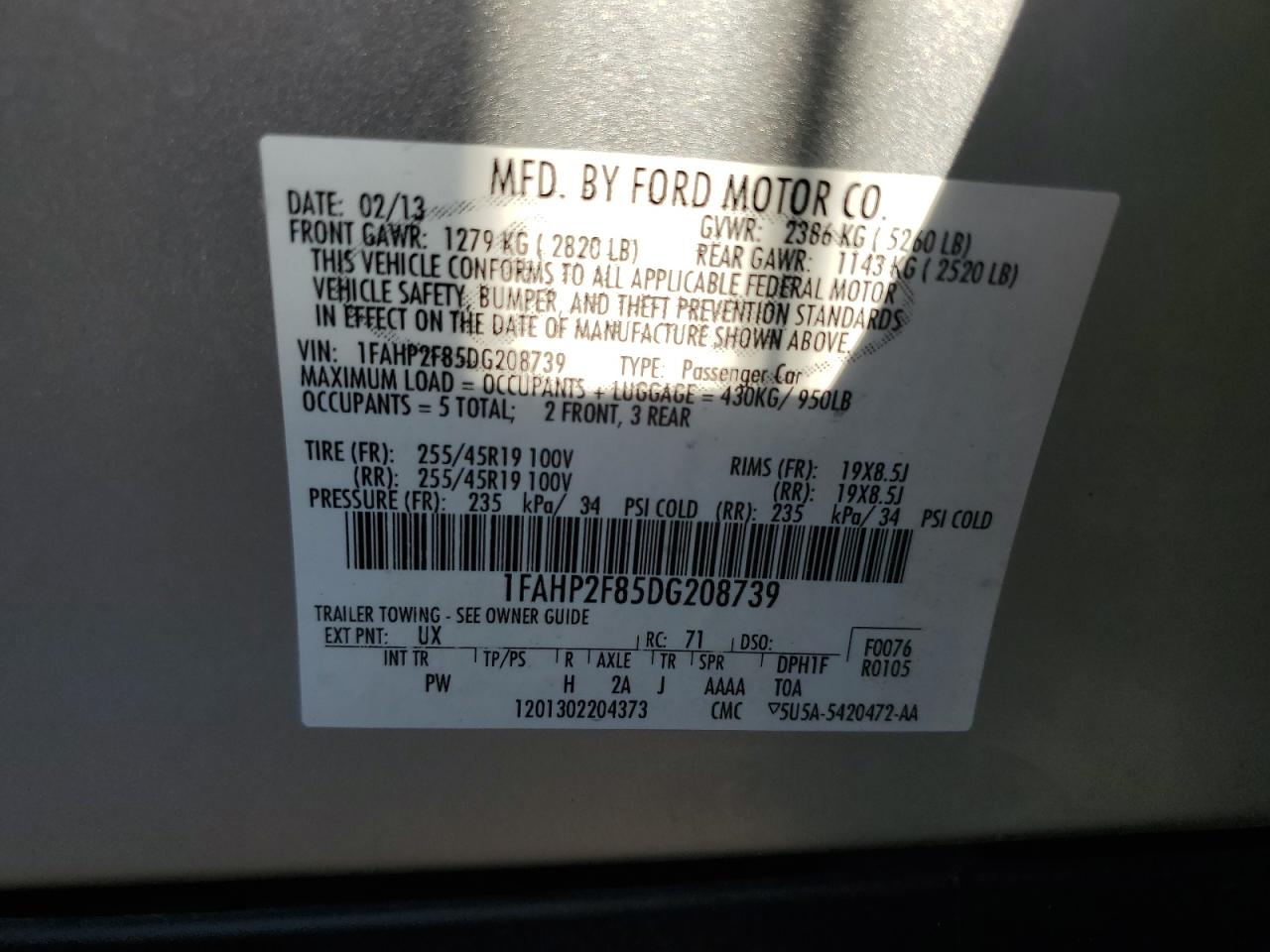 2013 Ford Taurus Limited VIN: 1FAHP2F85DG208739 Lot: 86889605