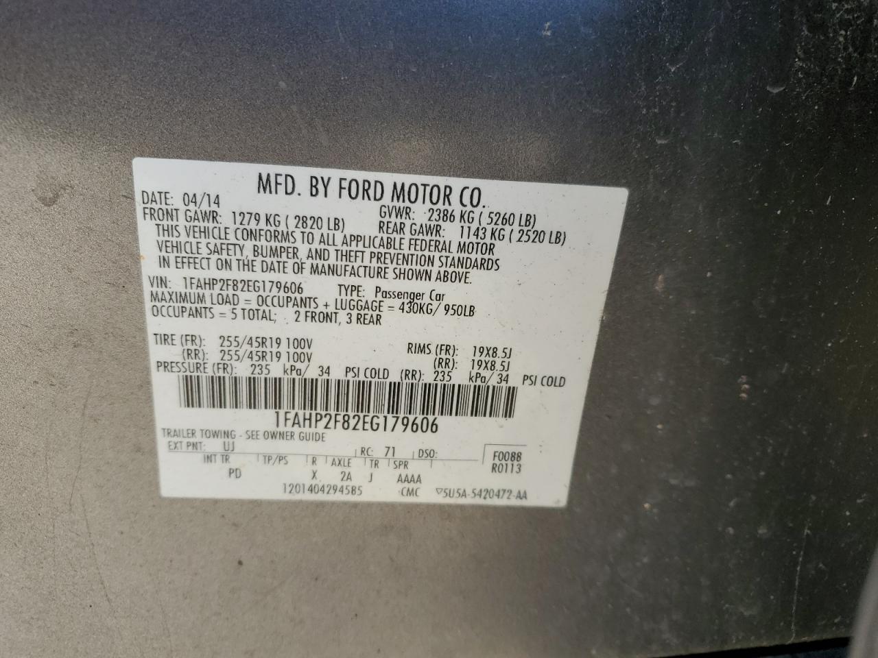 2014 Ford Taurus Limited VIN: 1FAHP2F82EG179606 Lot: 82324985
