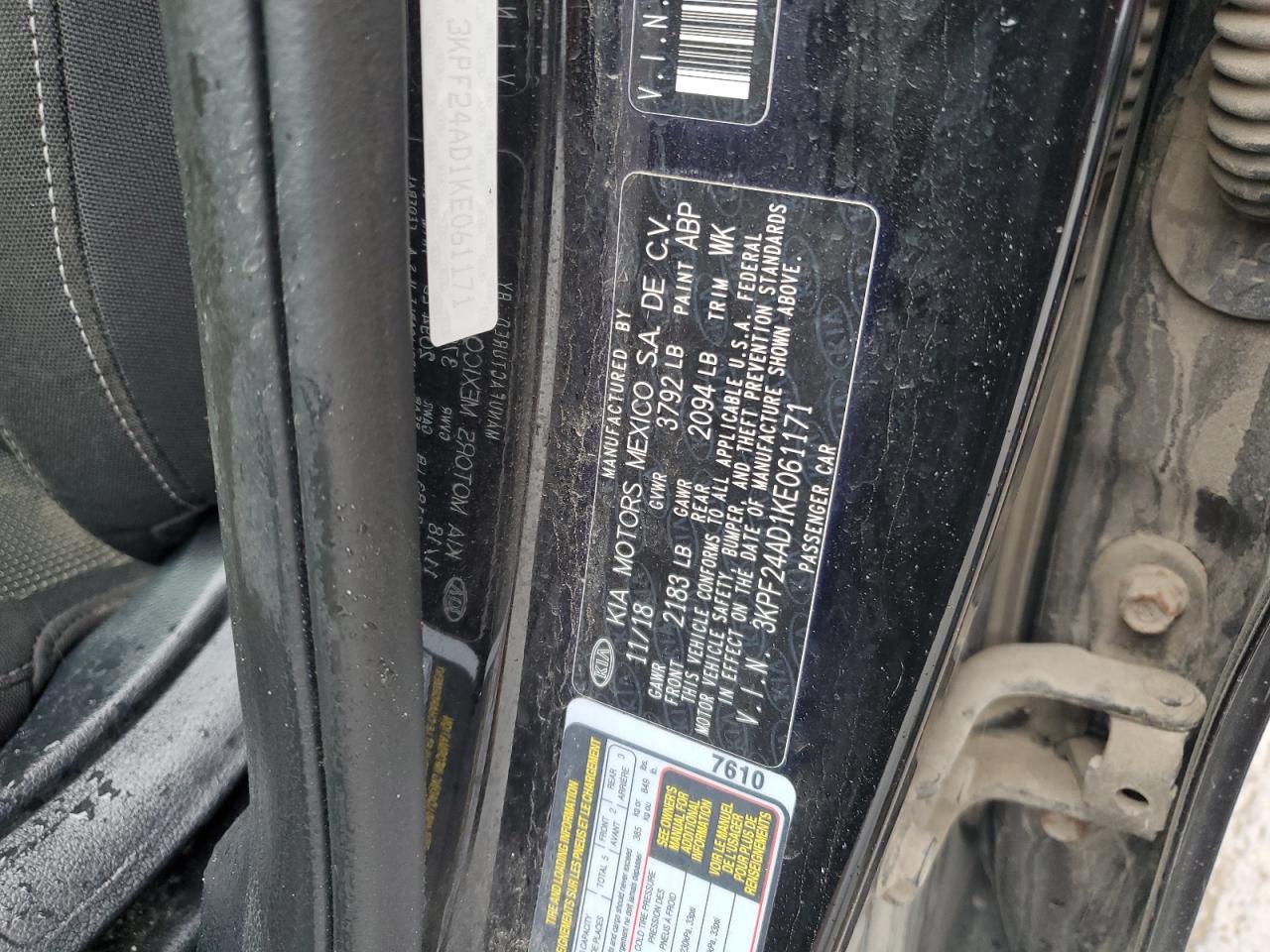 2019 Kia Forte Fe VIN: 3KPF24AD1KE061171 Lot: 85919985