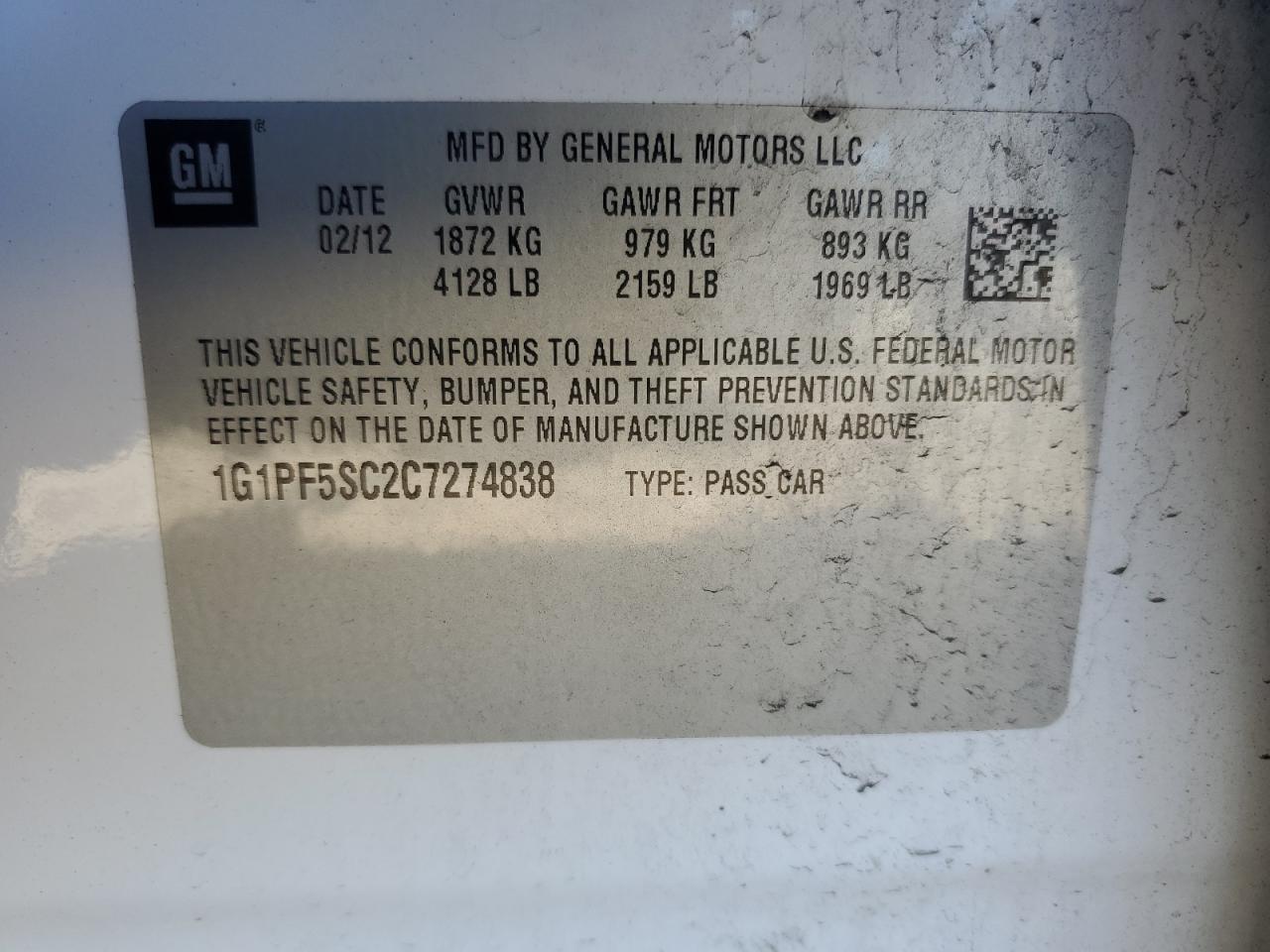 2012 Chevrolet Cruze Lt VIN: 1G1PF5SC2C7274838 Lot: 84404115