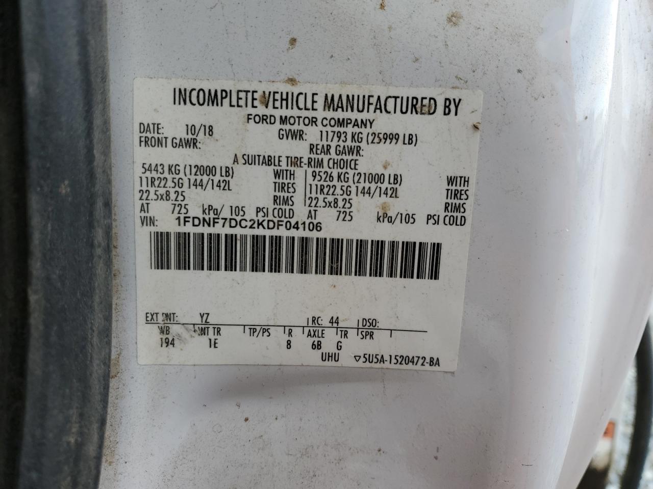 2019 Ford F750 Super Duty VIN: 1FDNF7DC2KDF04106 Lot: 86214025