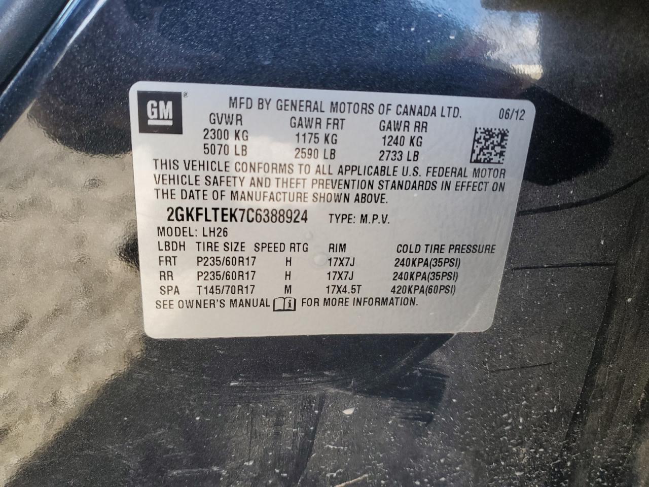 2012 GMC Terrain Sle VIN: 2GKFLTEK7C6388924 Lot: 89669675