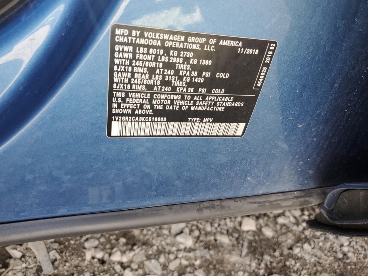 2019 Volkswagen Atlas S VIN: 1V2GR2CA3KC516003 Lot: 85756825