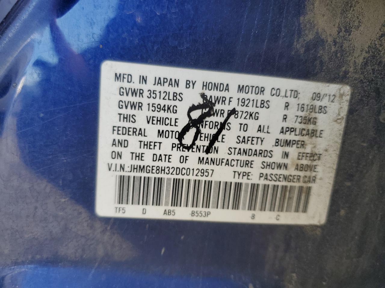 2013 Honda Fit VIN: JHMGE8H32DC012957 Lot: 82459775