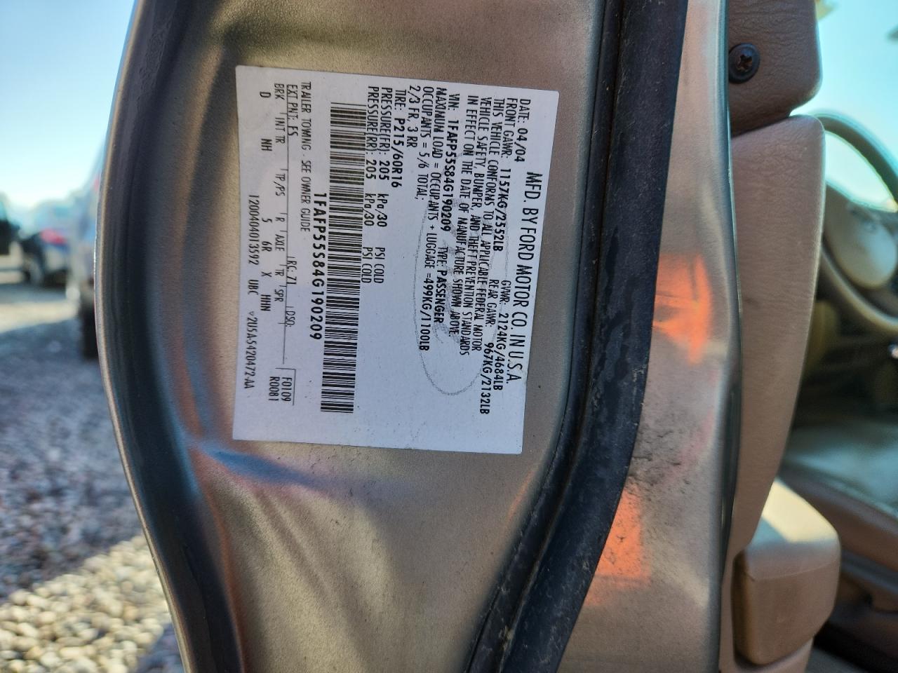 2004 Ford Taurus Ses VIN: 1FAFP55S84G190209 Lot: 85308525