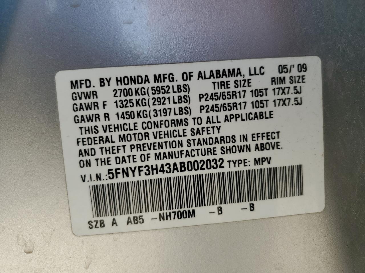 2010 Honda Pilot Ex VIN: 5FNYF3H43AB002032 Lot: 84880835