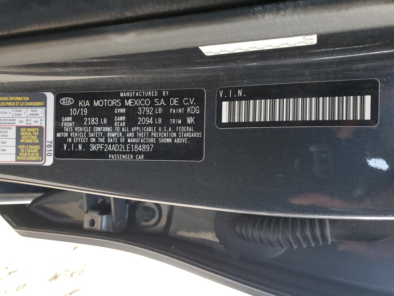 2020 Kia Forte Fe VIN: 3KPF24AD2LE184897 Lot: 82351585