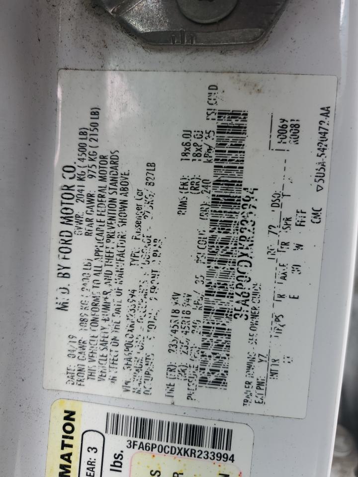 2019 Ford Fusion Sel VIN: 3FA6P0CDXKR233994 Lot: 82440365