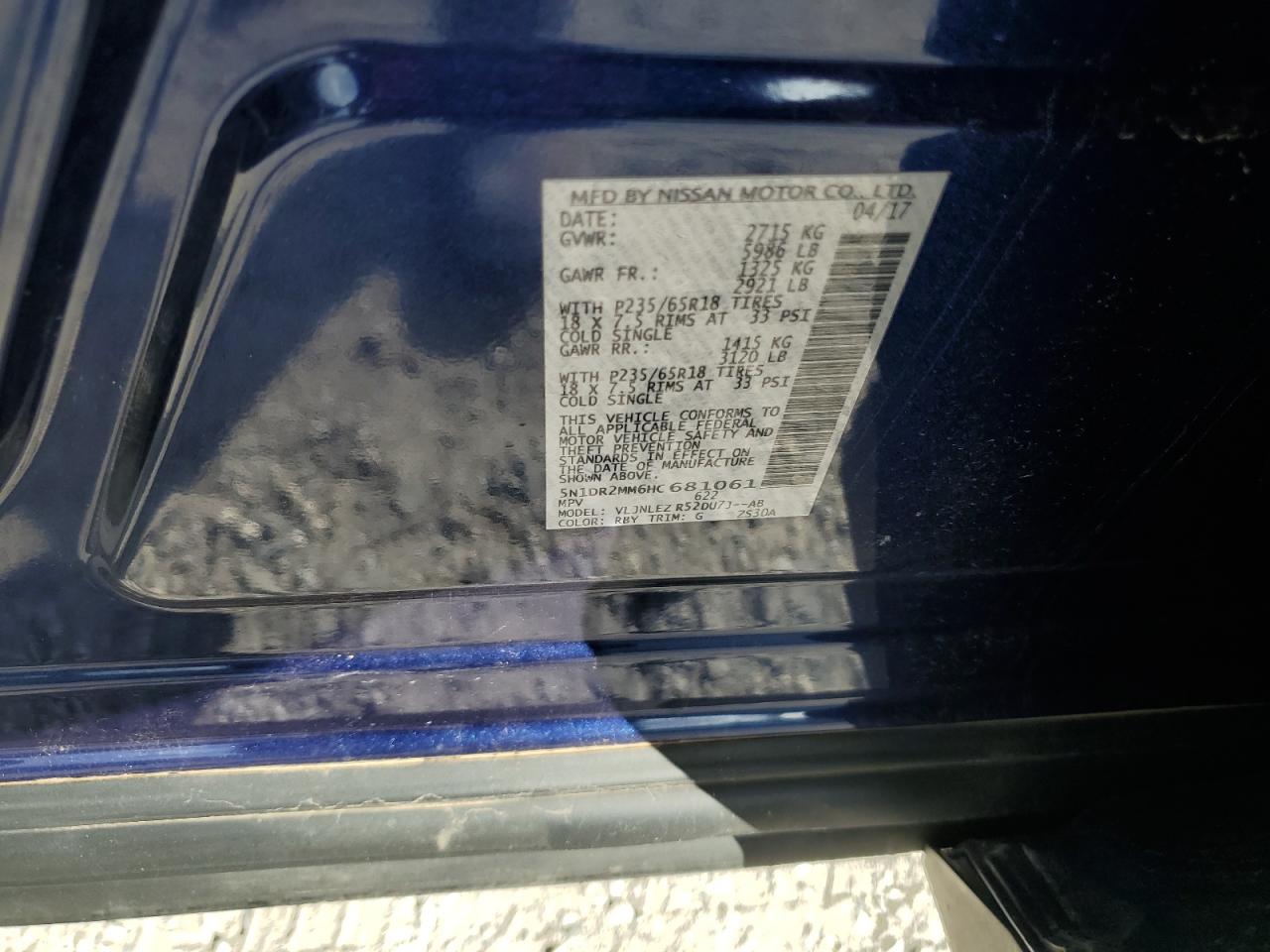 2017 Nissan Pathfinder S VIN: 5N1DR2MM6HC681061 Lot: 85856925