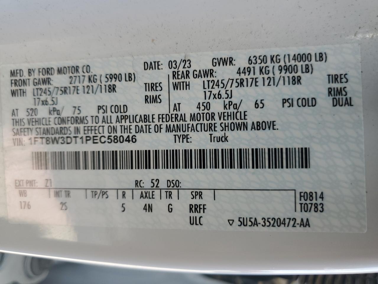 2023 Ford F350 Super Duty VIN: 1FT8W3DT1PEC58046 Lot: 89468405