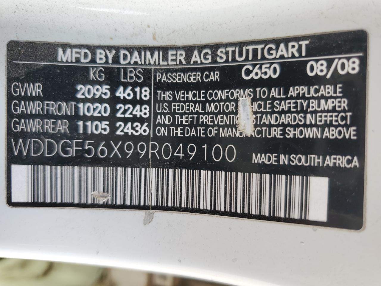 2009 Mercedes-Benz C 350 VIN: WDDGF56X99R049100 Lot: 84956785