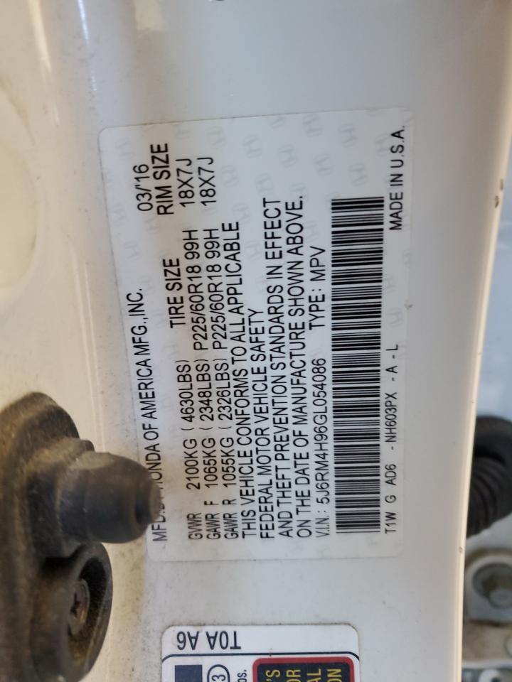 2016 Honda Cr-V Touring VIN: 5J6RM4H96GL054086 Lot: 85587355