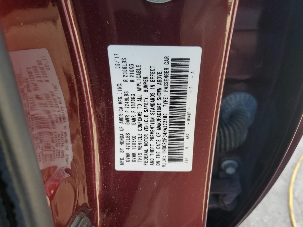 2017 Honda Accord Lx VIN: 1HGCR2F34HA232480 Lot: 85526355