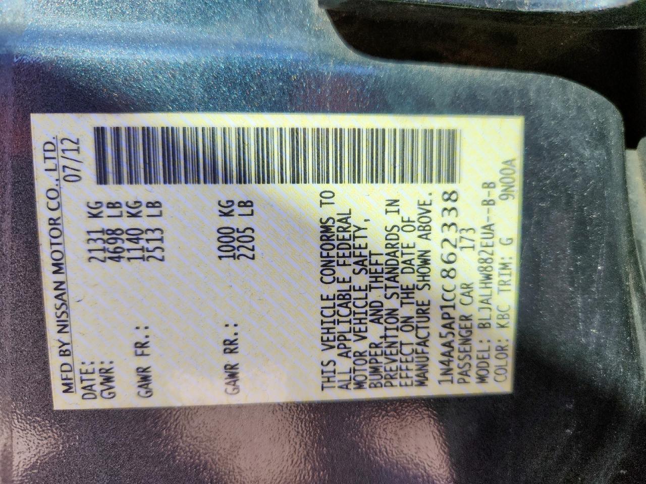 2012 Nissan Maxima S VIN: 1N4AA5AP1CC862338 Lot: 85424265