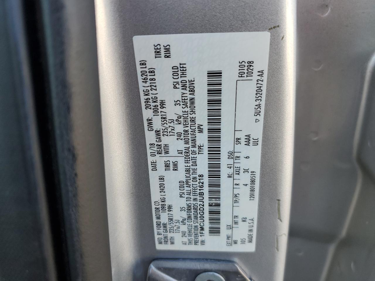 2018 Ford Escape Se VIN: 1FMCU0GD2JUB16218 Lot: 82577365