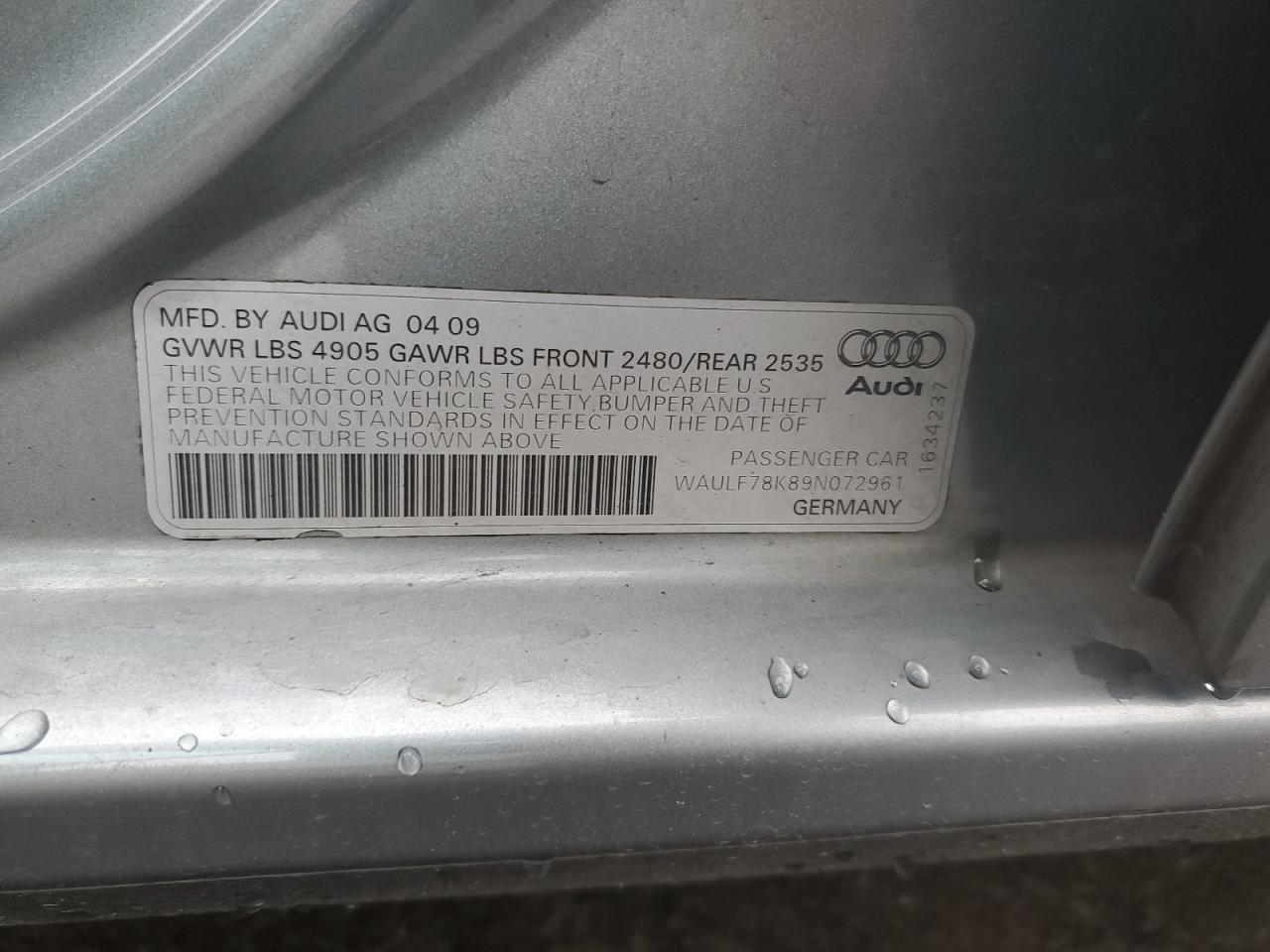 2009 Audi A4 2.0T Quattro VIN: WAULF78K89N072961 Lot: 86542095