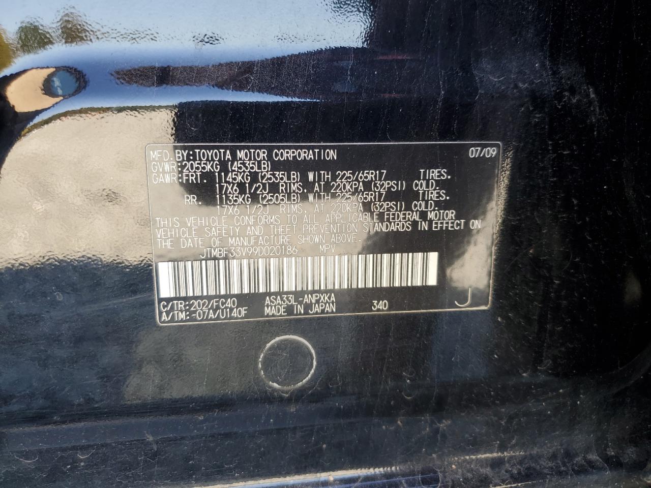 2009 Toyota Rav4 VIN: JTMBF33V99D020186 Lot: 86261105