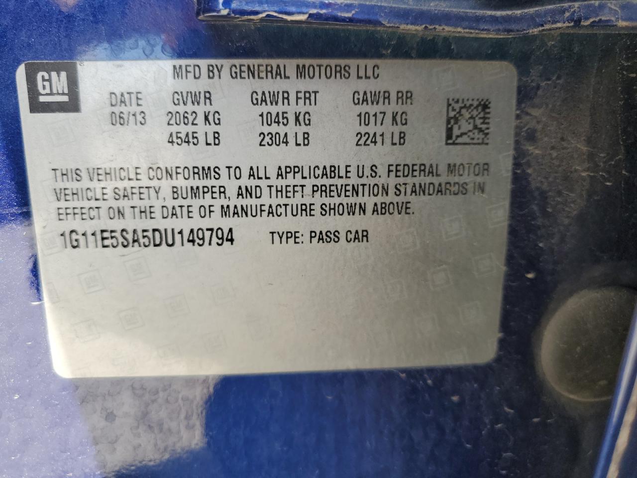 2013 Chevrolet Malibu 2Lt VIN: 1G11E5SA5DU149794 Lot: 82306395
