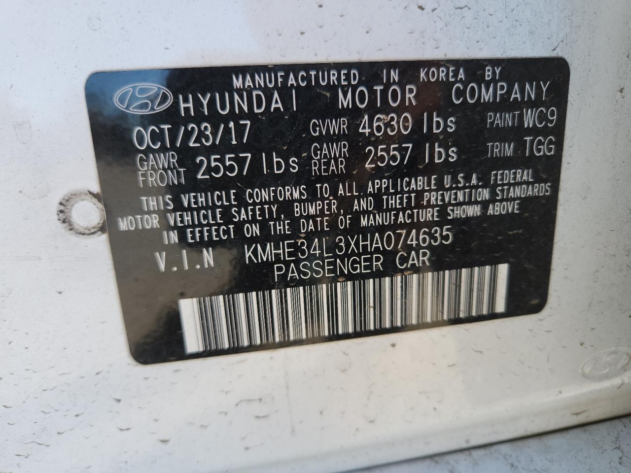 2017 Hyundai Sonata Hybrid VIN: KMHE34L3XHA074635 Lot: 84892485