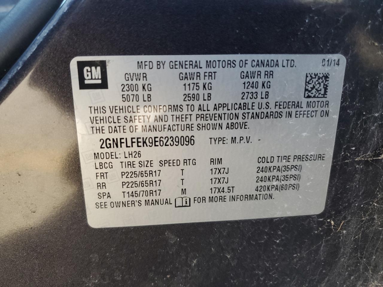 2014 Chevrolet Equinox Lt VIN: 2GNFLFEK9E6239096 Lot: 86185945