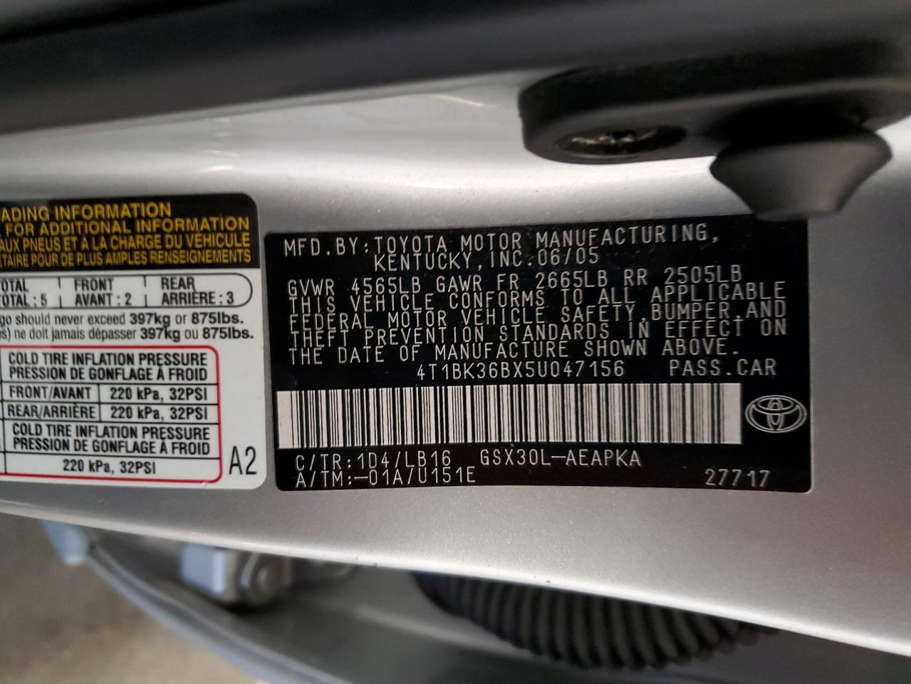 2005 Toyota Avalon Xl VIN: 4T1BK36BX5U047156 Lot: 82564315