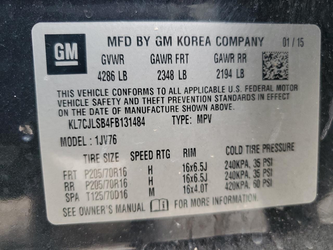 2015 Chevrolet Trax 1Lt VIN: KL7CJLSB4FB131484 Lot: 87457085