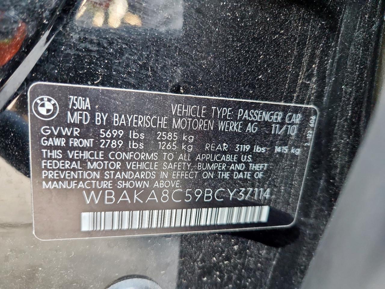 2011 BMW 750 I VIN: WBAKA8C59BCY37114 Lot: 90320365