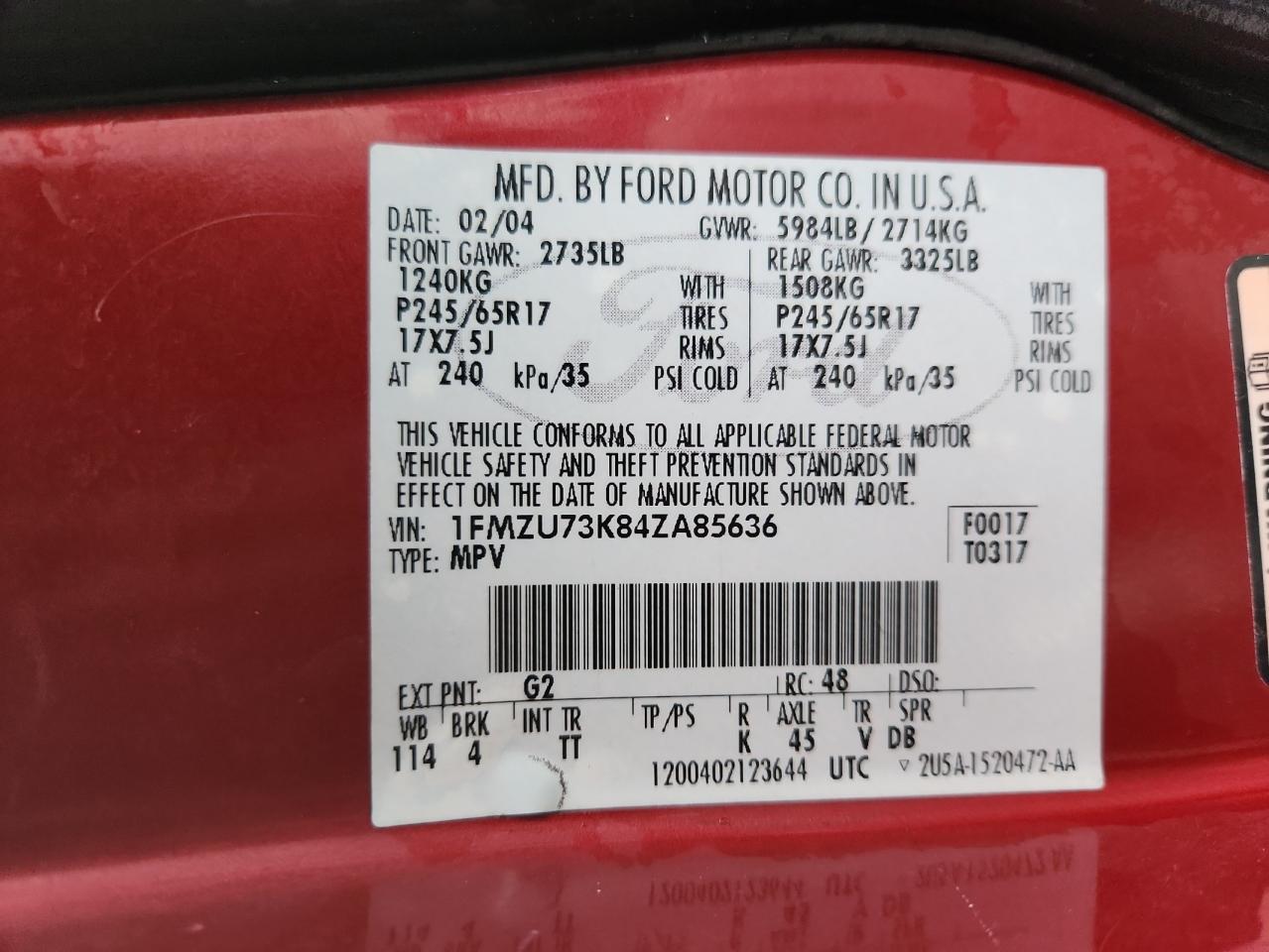 2004 Ford Explorer Xlt VIN: 1FMZU73K84ZA85636 Lot: 82129805