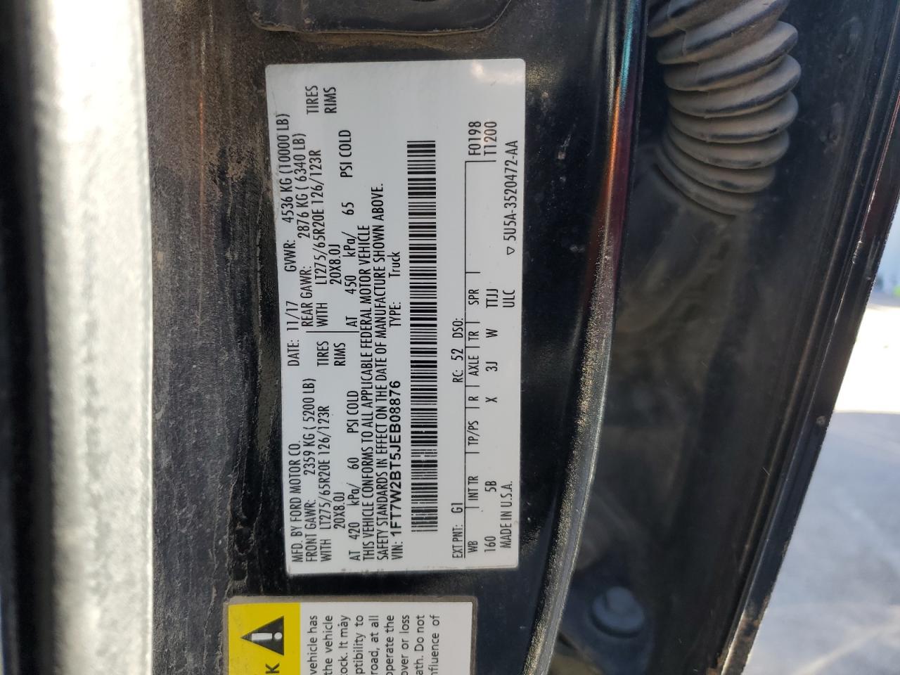 2018 Ford F250 Super Duty VIN: 1FT7W2BT5JEB08876 Lot: 90803185